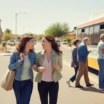 Two women friends in El Mirage, Arizona walking toward a Valley Metro bus while engaged in conversation and laughter on a clear suburban afternoon