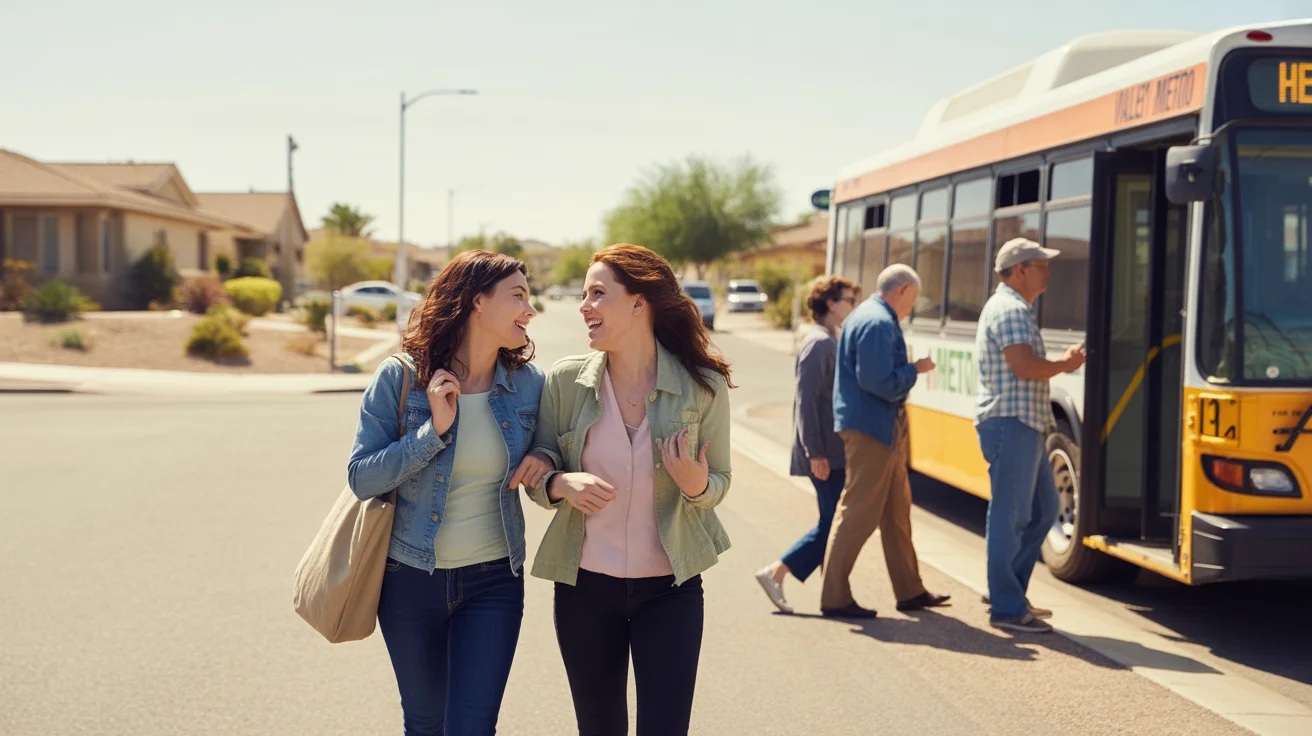 Two women friends in El Mirage, Arizona walking toward a Valley Metro bus while engaged in conversation and laughter on a clear suburban afternoon