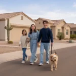Family walking dog through affordable Avondale AZ neighborhood with southwestern homes