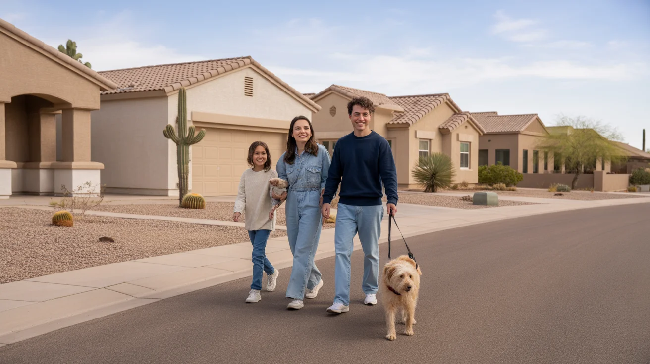 Family walking dog through affordable Avondale AZ neighborhood with southwestern homes