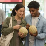 Couple comparing cantaloupes while grocery shopping in Laveen, Arizona