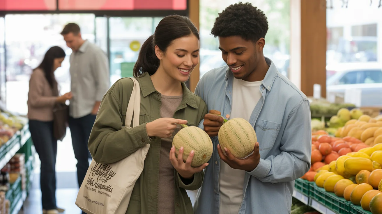 Couple comparing cantaloupes while grocery shopping in Laveen, Arizona
