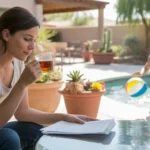 Woman reviews paperwork on back patio while son plays in pool in Queen Creek, AZ