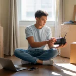 Man installing Wi-Fi router in new Phoenix apartment with moving boxes