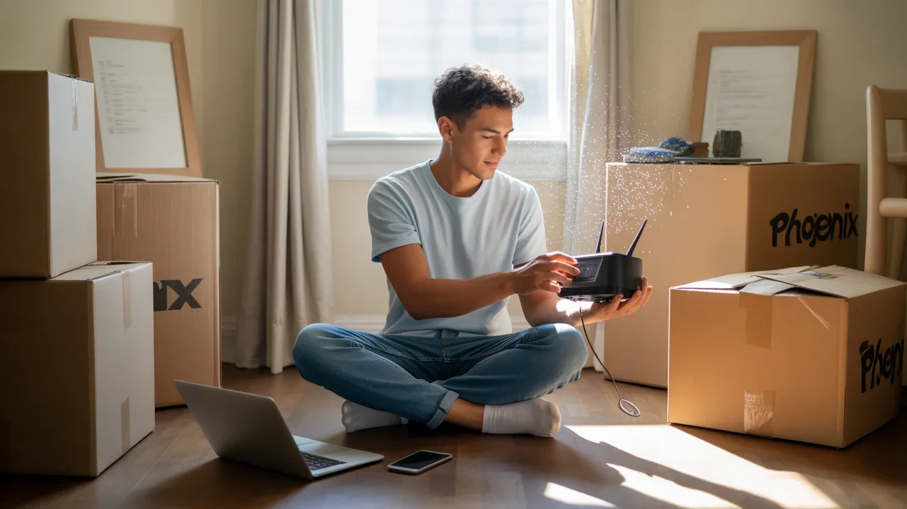 Man installing Wi-Fi router in new Phoenix apartment with moving boxes