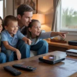 A family of four enjoys streaming TV together in their cozy Peoria living room
