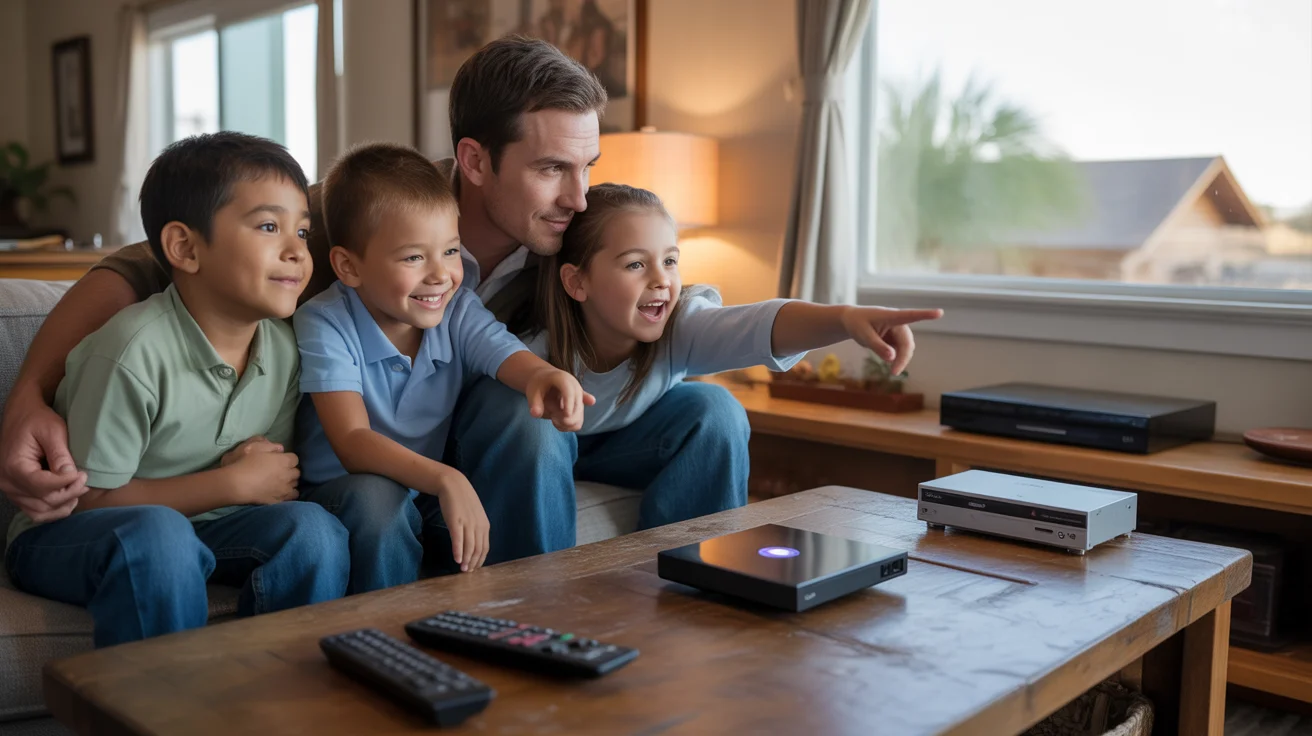 A family of four enjoys streaming TV together in their cozy Peoria living room