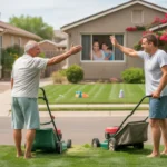 Two neighbors wave while mowing their lawns on a Saturday morning in Peoria, AZ