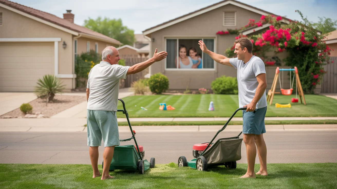 Two neighbors wave while mowing their lawns on a Saturday morning in Peoria, AZ