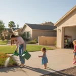 A mother waters her flower bed while her daughter plays with sidewalk chalk in front of their suburban home in Gilbert, Arizona.