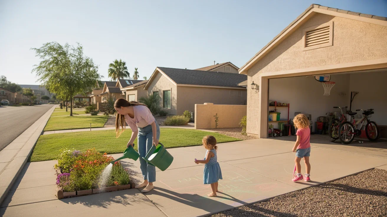 A mother waters her flower bed while her daughter plays with sidewalk chalk in front of their suburban home in Gilbert, Arizona.
