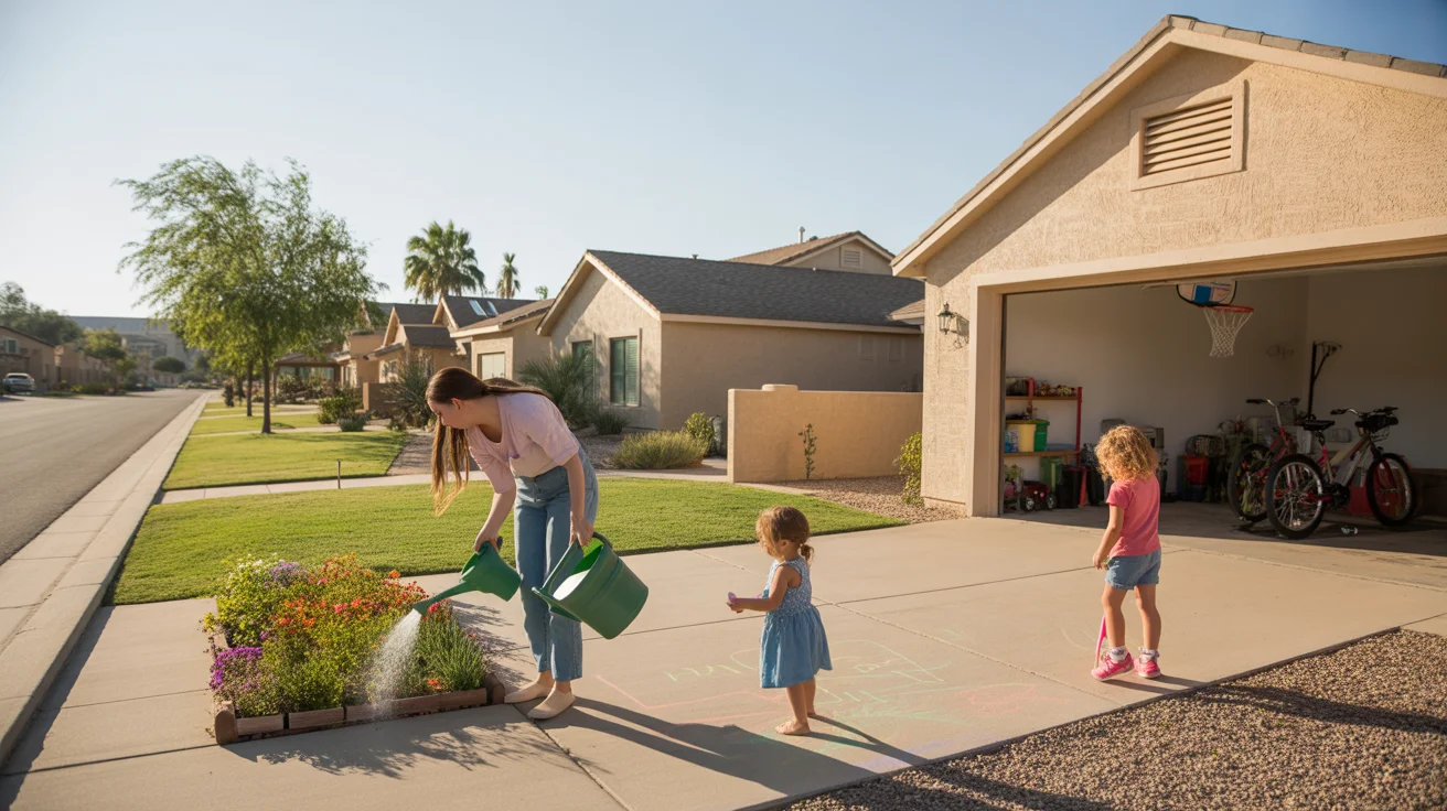 A mother waters her flower bed while her daughter plays with sidewalk chalk in front of their suburban home in Gilbert, Arizona.
