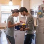 Two roommates checking their pantry inventory before grocery shopping in Gilbert, AZ apartment kitchen