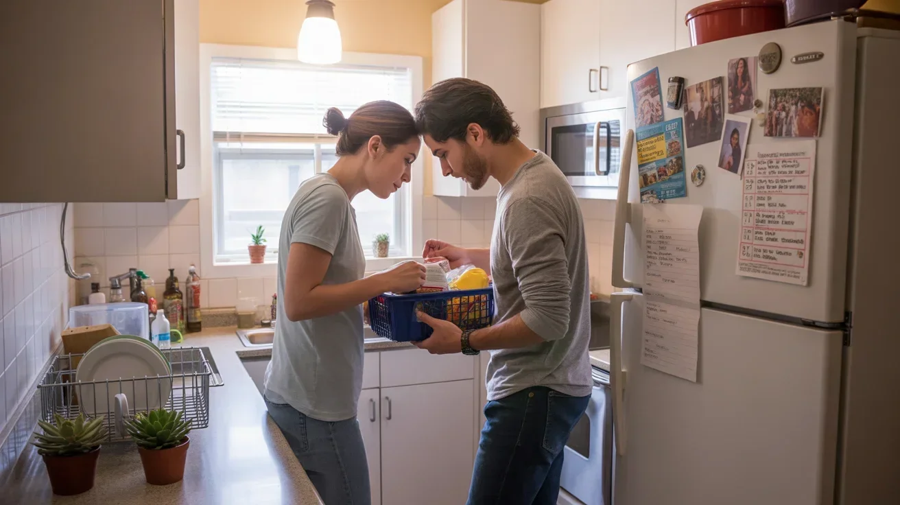 Two roommates checking their pantry inventory before grocery shopping in Gilbert, AZ apartment kitchen
