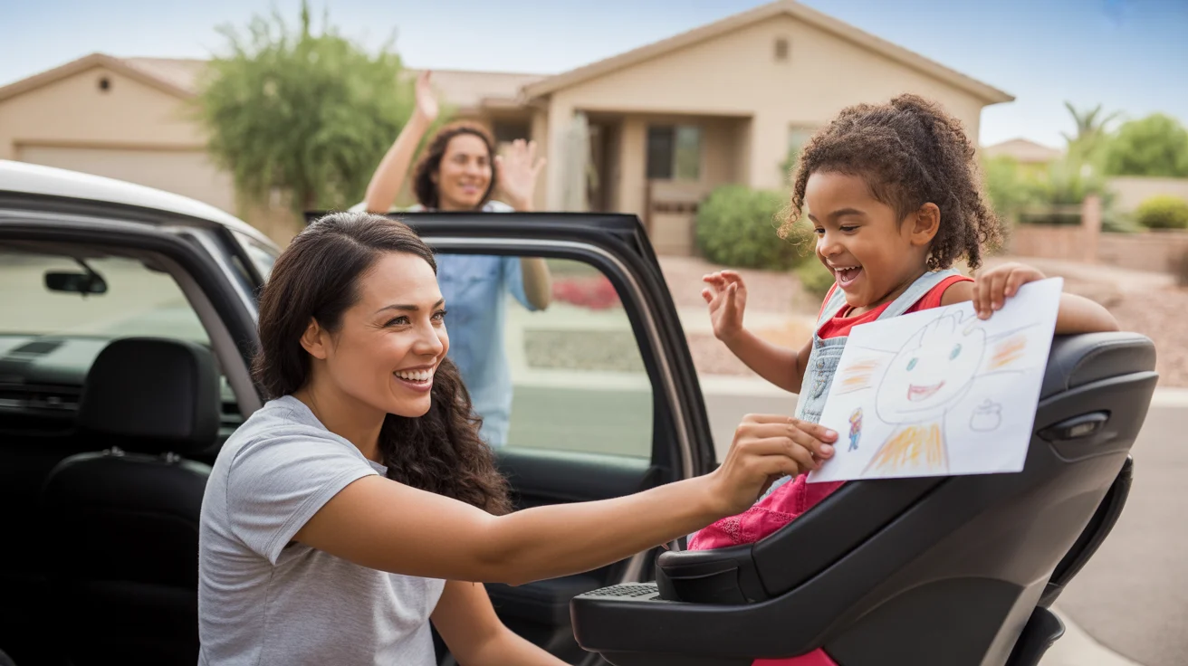 Single mother buckling young daughter into car seat in driveway of their suburban Maricopa, Arizona home