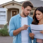 Couple reviewing utility bill with concern outside Scottsdale home