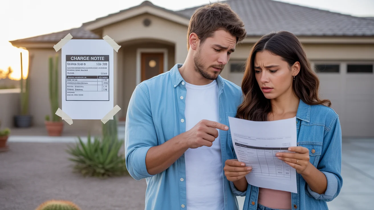 Couple reviewing utility bill with concern outside Scottsdale home