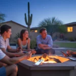 Friends relax by backyard firepit in El Mirage, AZ as night falls, with cell phones resting nearby