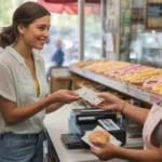 Woman paying in cash for pastry at local Phoenix bakery