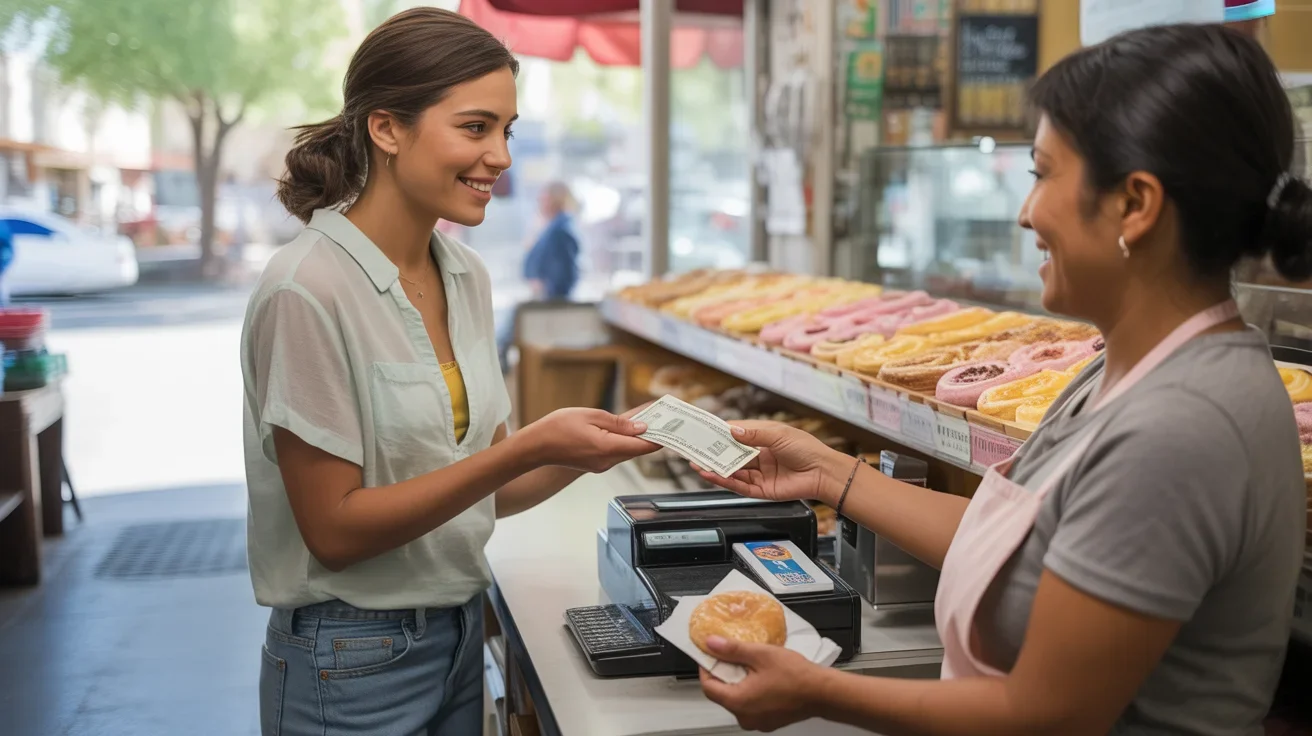 Woman paying in cash for pastry at local Phoenix bakery