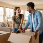 Couple unpacking in their new Maricopa, AZ home, looking happy in a sunny living room