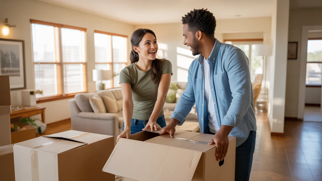 Couple unpacking in their new Maricopa, AZ home, looking happy in a sunny living room