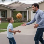 Father and son playing catch in front yard of Glendale home with For Sale sign