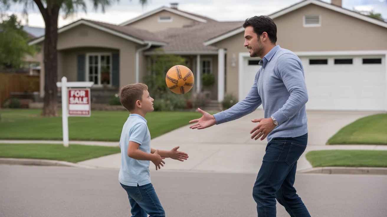 Father and son playing catch in front yard of Glendale home with For Sale sign
