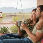 Couple enjoying peaceful morning together on porch swing in Maricopa, AZ