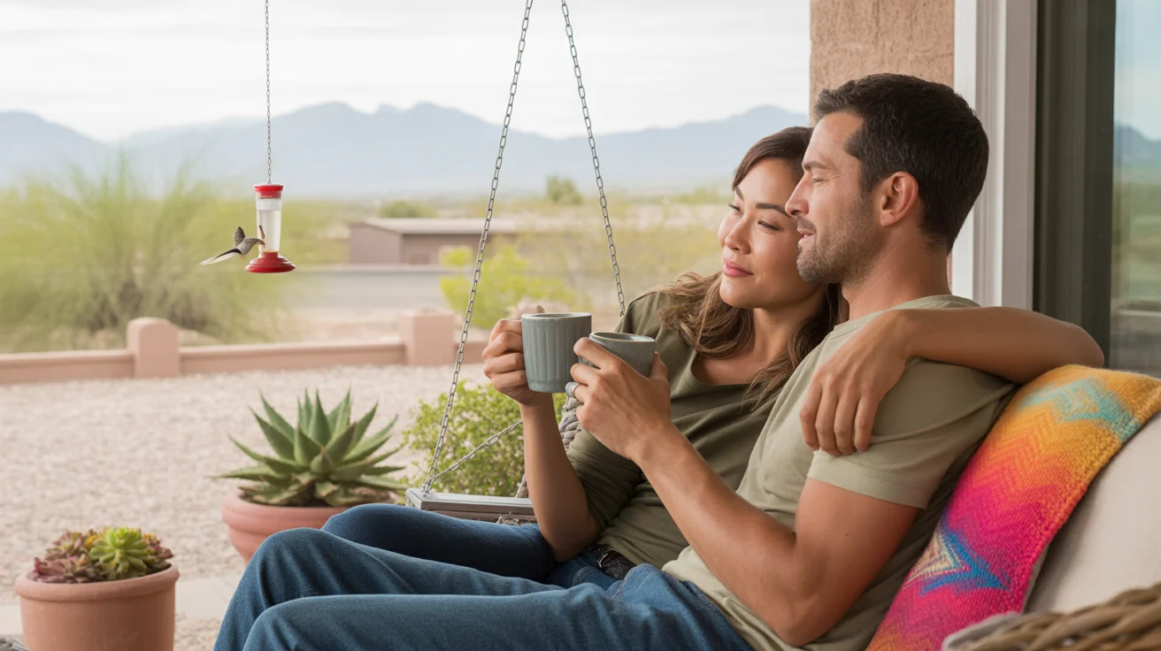 Couple enjoying peaceful morning together on porch swing in Maricopa, AZ