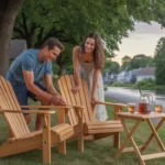 Couple assembling Adirondack chairs on lawn in front of Riverside bungalow