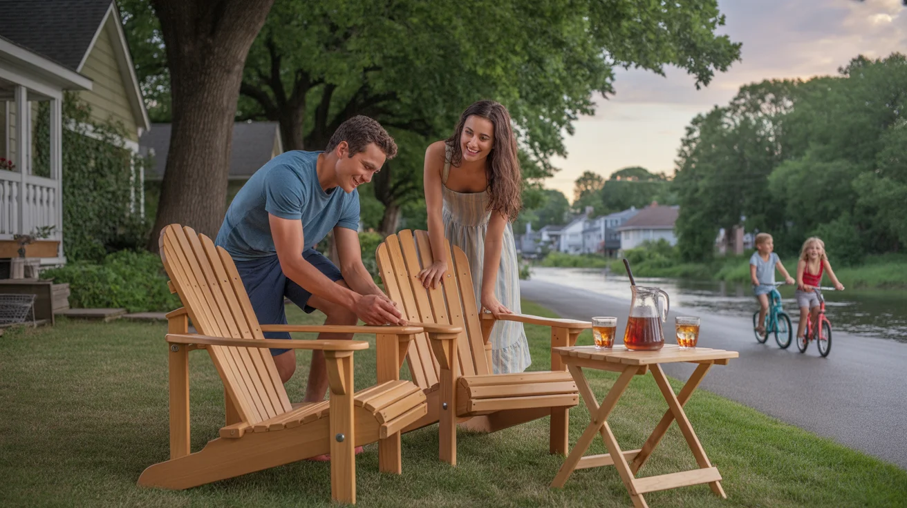 Couple assembling Adirondack chairs on lawn in front of Riverside bungalow