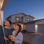 Couple changing porch light on new Chandler home at sunset