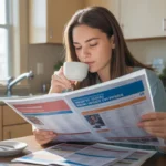 Woman reviewing local utility fee updates while budgeting at kitchen table in Peoria apartment