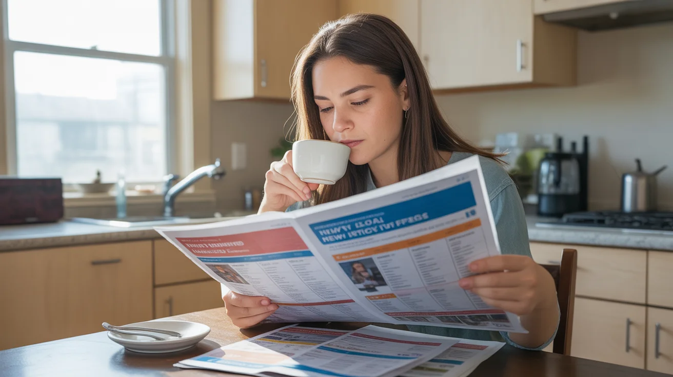 Woman reviewing local utility fee updates while budgeting at kitchen table in Peoria apartment