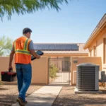 Technician walking to inspect outdoor AC units at a San Tan Valley home with solar panels