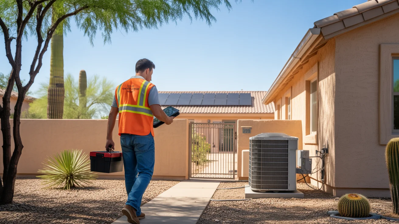 Technician walking to inspect outdoor AC units at a San Tan Valley home with solar panels