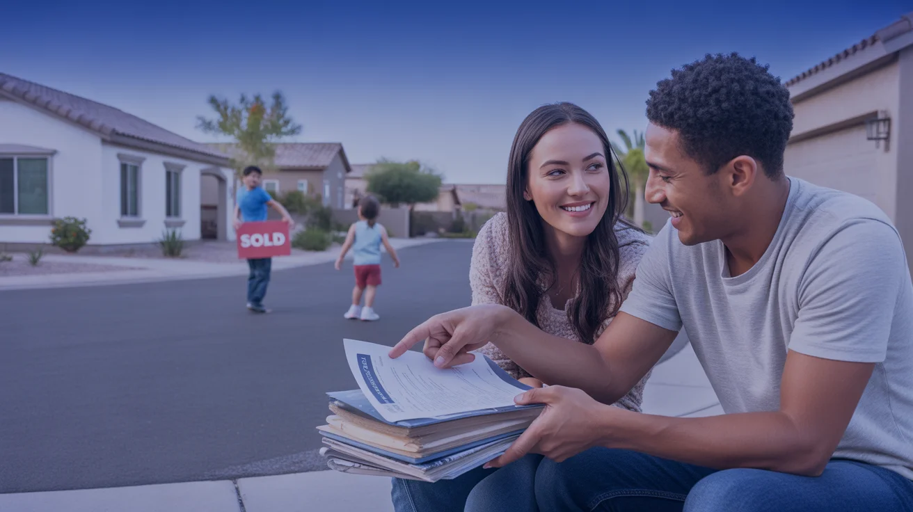 Couple reviewing paperwork in driveway of new home in Chandler Arizona subdivision