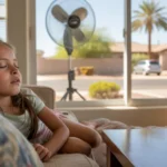 Young girl napping on couch in living room of San Tan Valley home with ceiling fan and sunlight through blinds