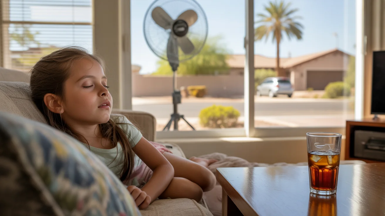 Young girl napping on couch in living room of San Tan Valley home with ceiling fan and sunlight through blinds