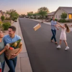 Aerial view of a couple unloading groceries at a Chandler condo next to a family playing in their front yard