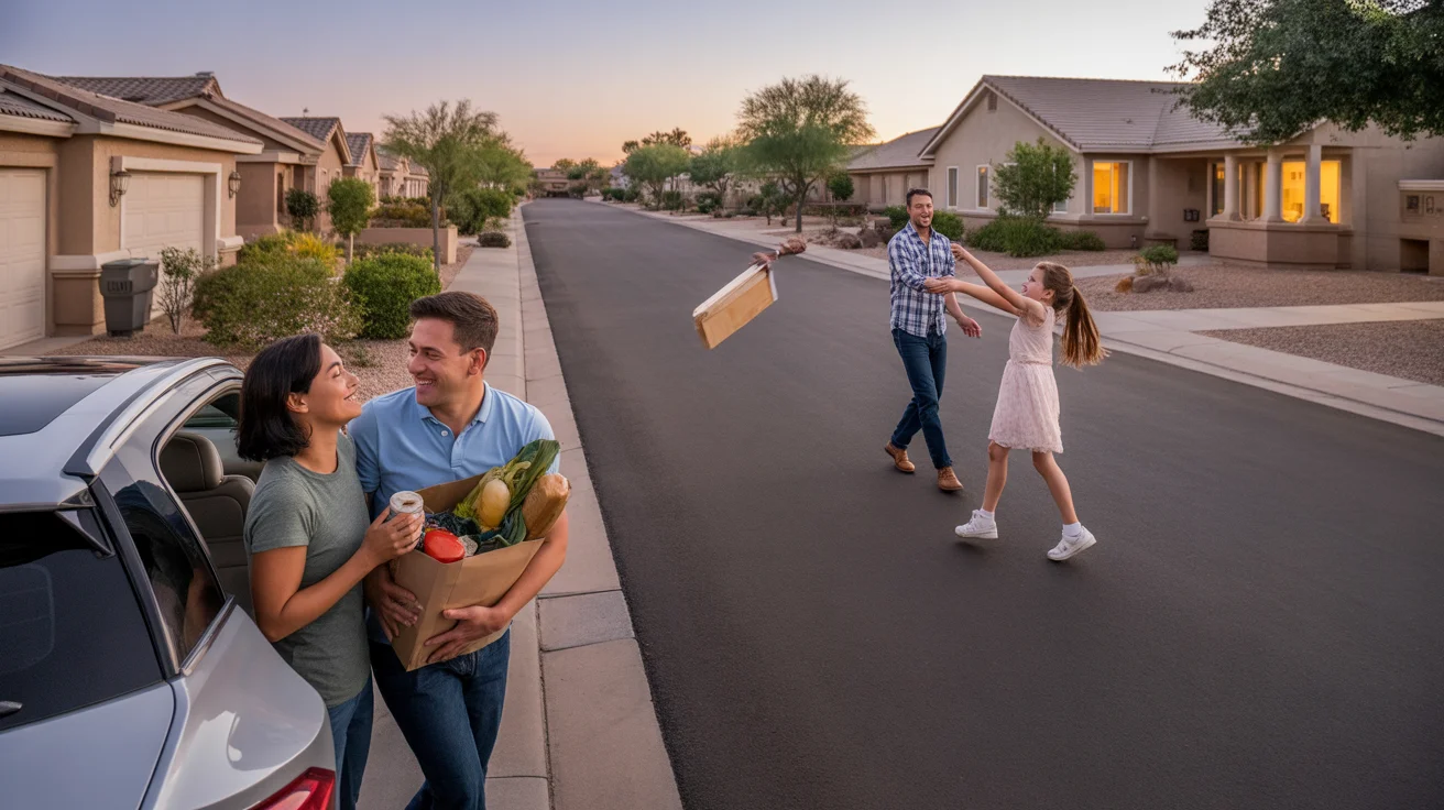 Aerial view of a couple unloading groceries at a Chandler condo next to a family playing in their front yard