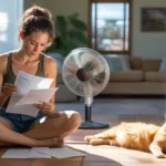 Woman reviewing summer utility bills while sitting on floor of Phoenix home, cat lying near air conditioning vent