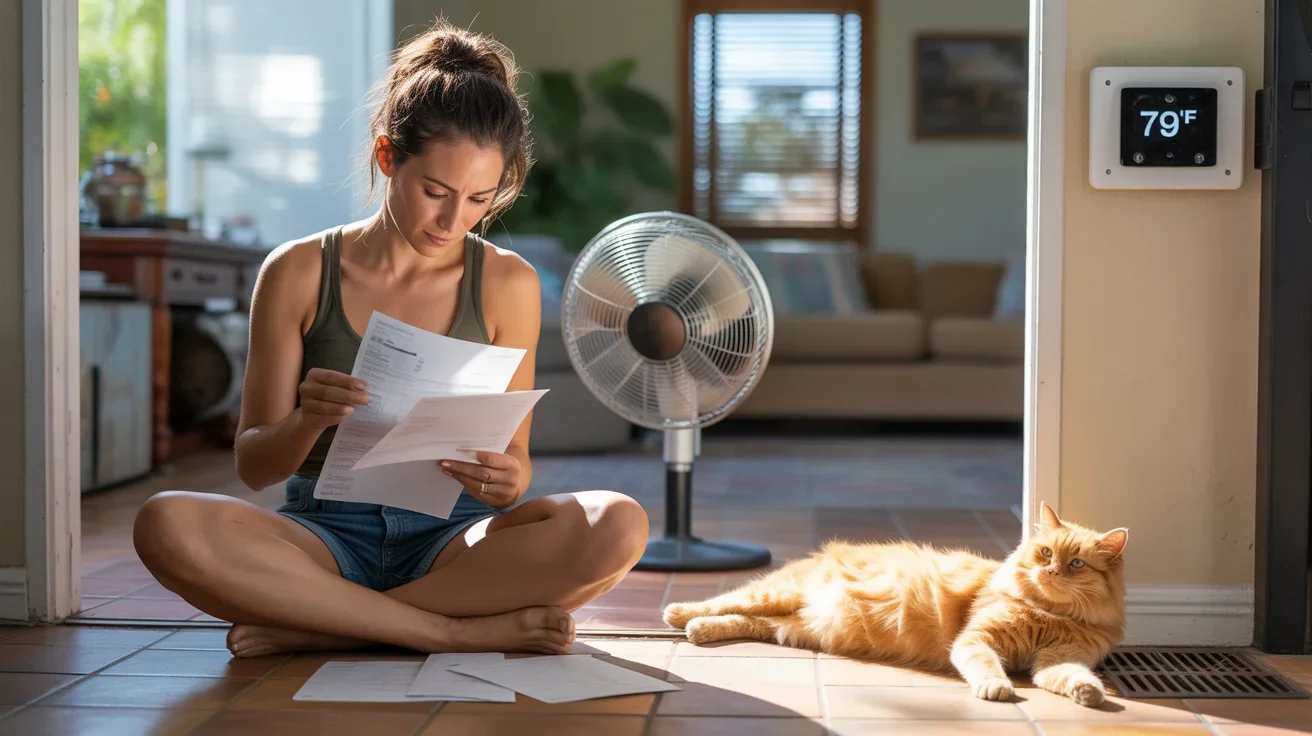 Woman reviewing summer utility bills while sitting on floor of Phoenix home, cat lying near air conditioning vent