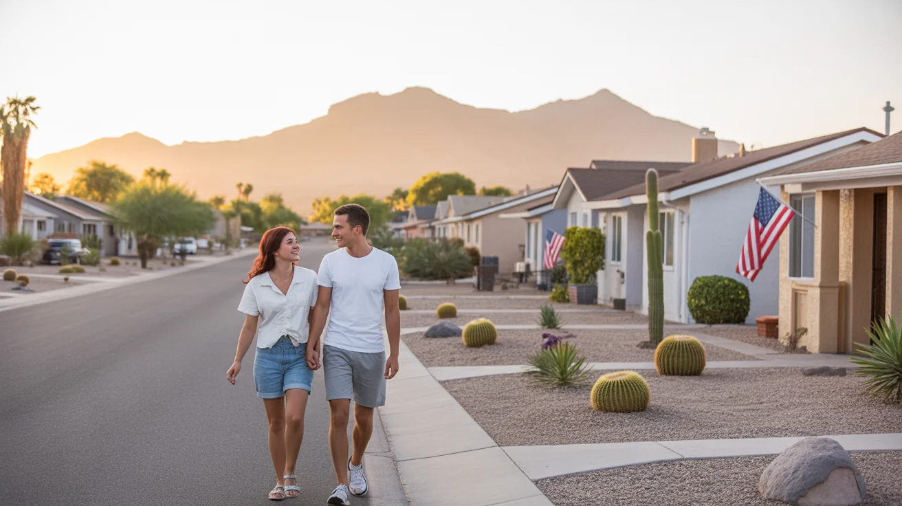 Couple walking in El Mirage, AZ neighborhood at sunset