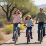 Family biking on a trail surrounded by desert plants in Gilbert, Arizona