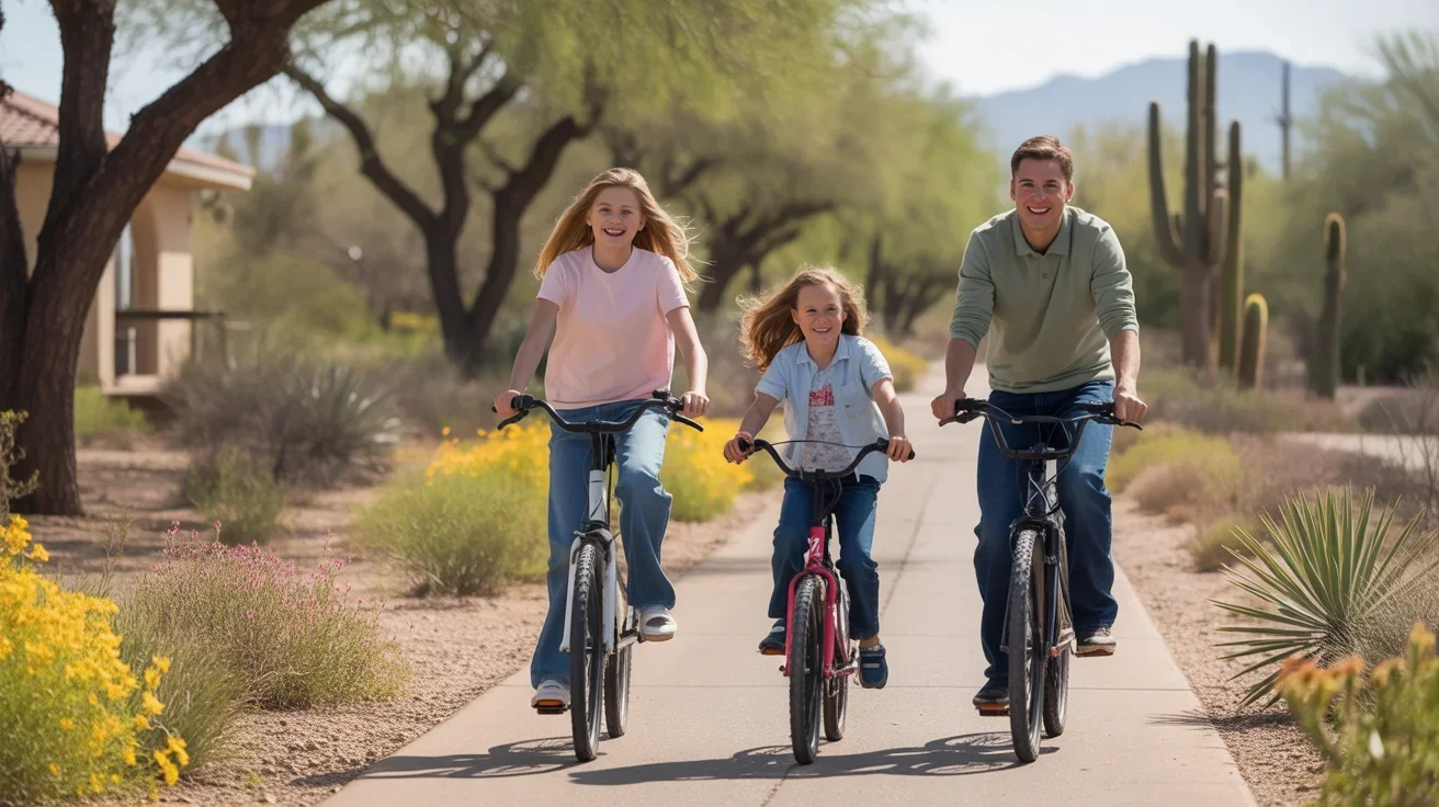 Family biking on a trail surrounded by desert plants in Gilbert, Arizona