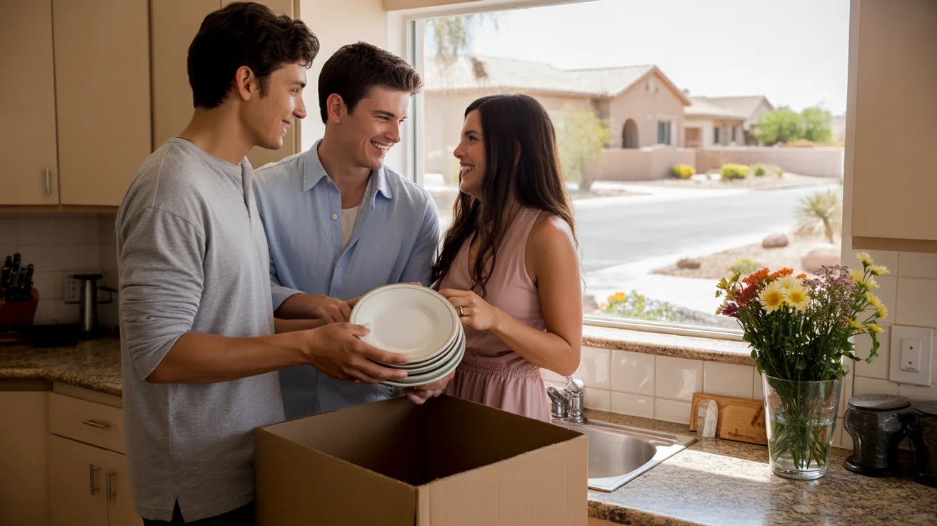Young couple unpacking in kitchen of new home in Surprise, Arizona