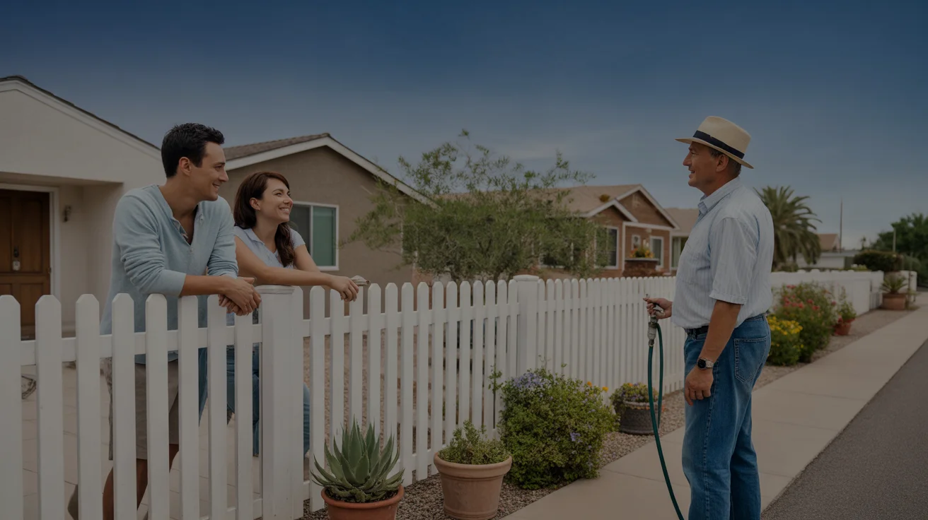 Couple chats with neighbor over fence in front of home in Surprise, AZ