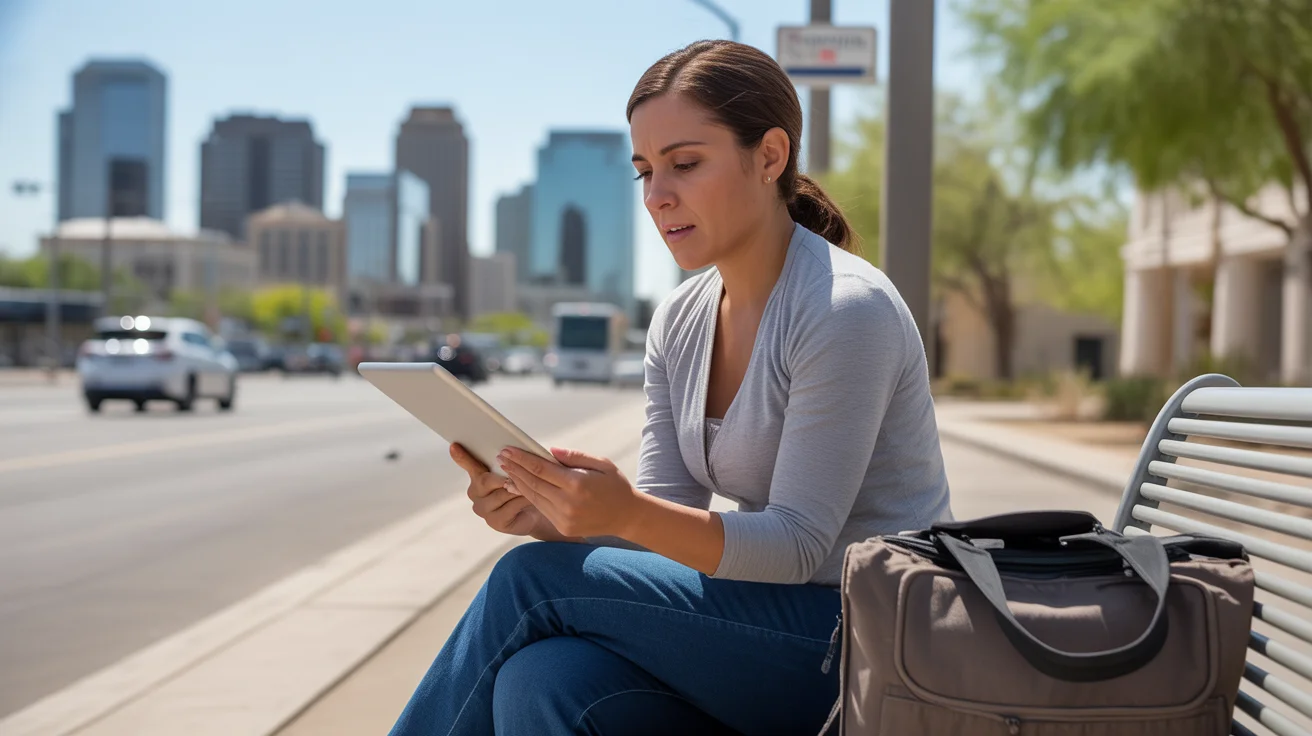 Woman checks Phoenix housing costs while waiting for the bus